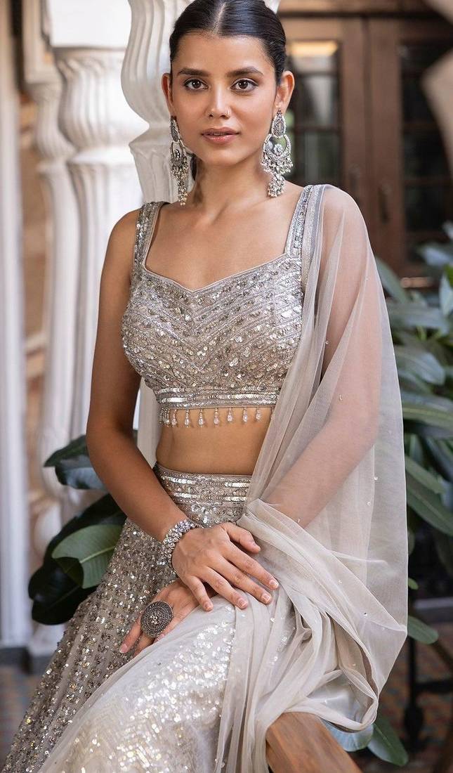 beige silk blend embroidered lehenga choli