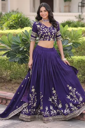 blue silk blend embroidered lehenga choli