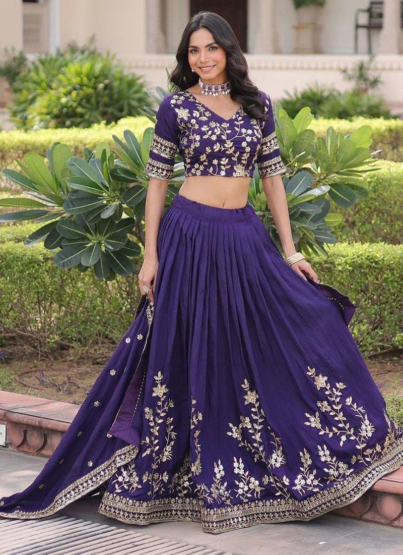 blue silk blend embroidered lehenga choli