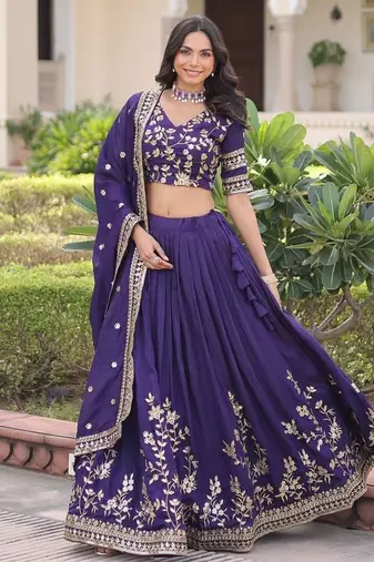 blue silk blend embroidered lehenga choli