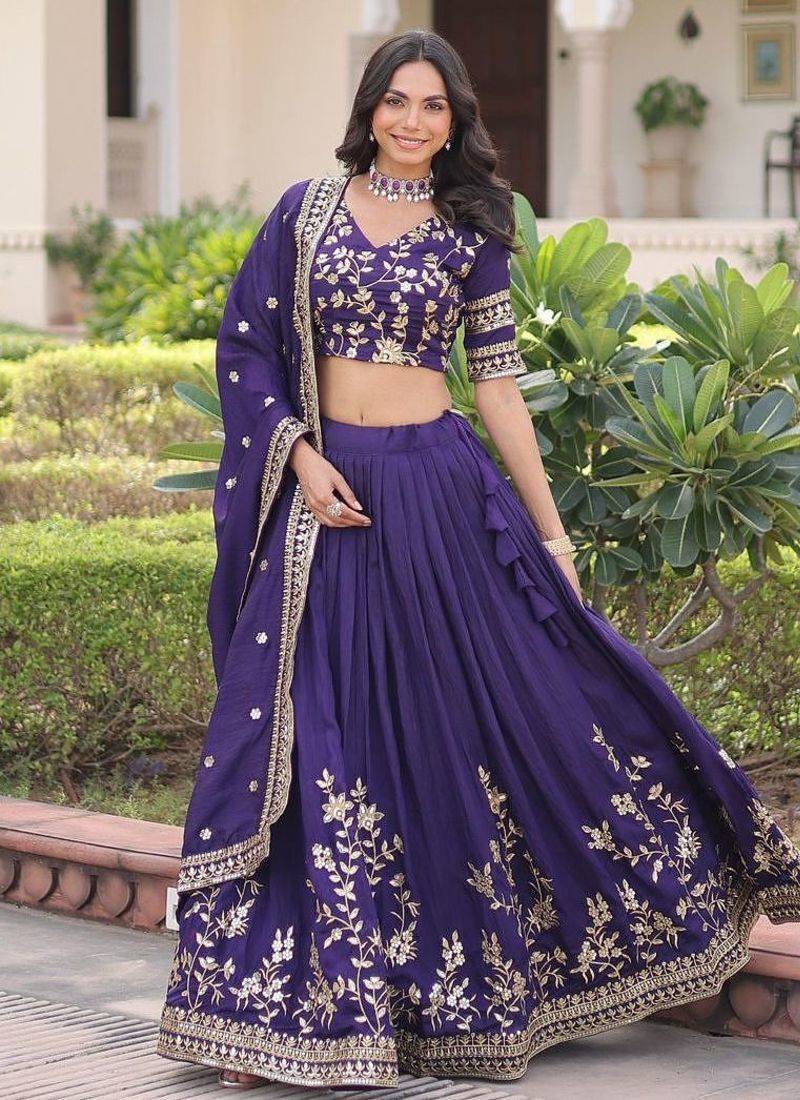 blue silk blend embroidered lehenga choli
