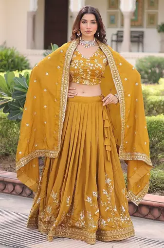 mustard silk blend embroidered lehenga choli