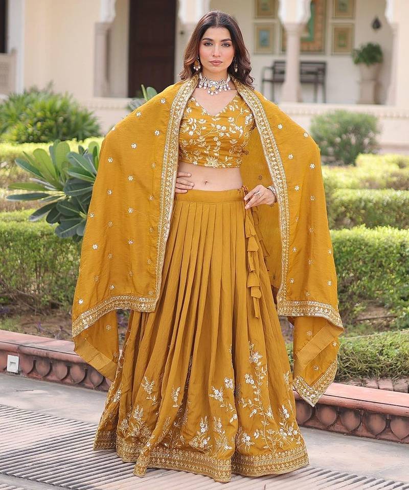mustard silk blend embroidered lehenga choli