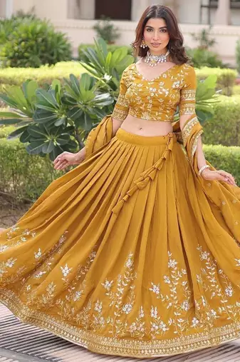 mustard silk blend embroidered lehenga choli