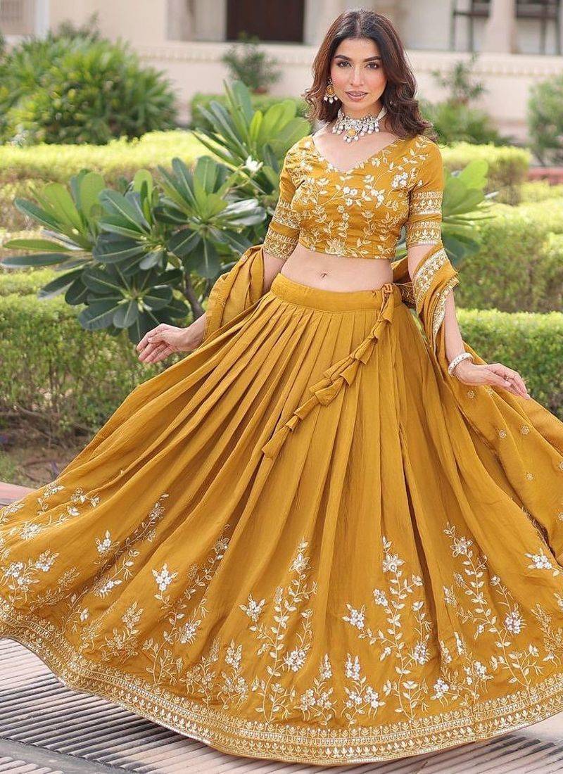 mustard silk blend embroidered lehenga choli