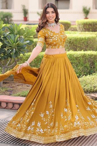 mustard silk blend embroidered lehenga choli