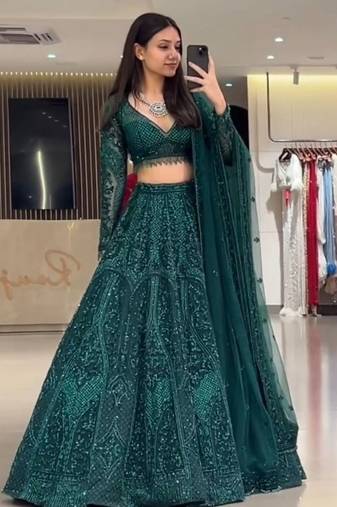 teal green georgette embroidered lehenga choli