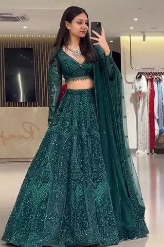 teal green georgette embroidered lehenga choli