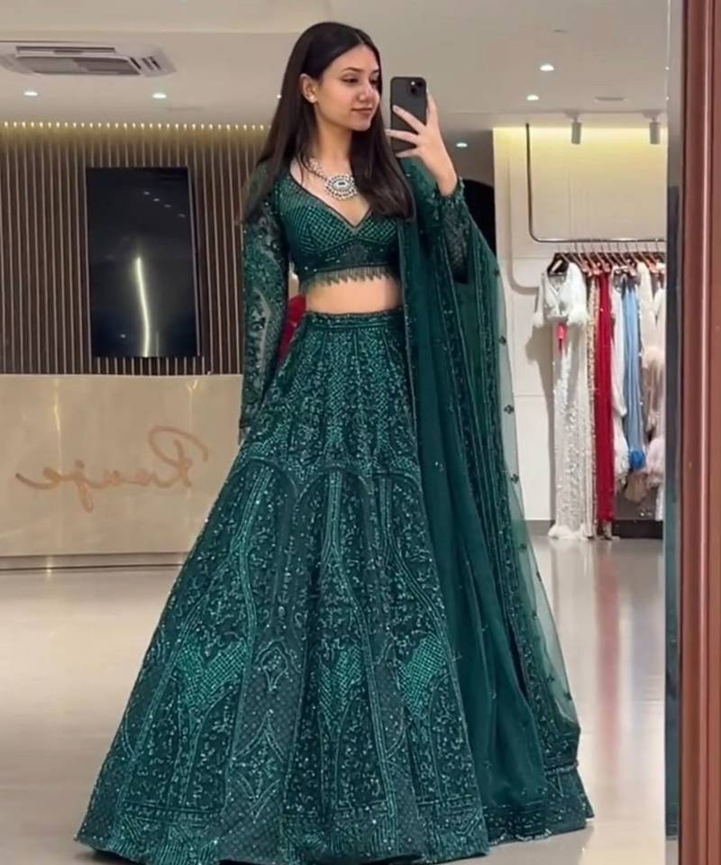 teal green georgette embroidered lehenga choli