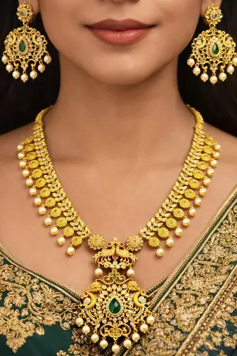 Antique Gold Plated Haram Necklace Set | Emerald Ruby Temple Jewelry | Bridal Pearl Drop Earrings