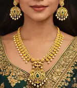 Antique Gold Plated Haram Necklace Set | Emerald Ruby Temple Jewelry | Bridal Pearl Drop Earrings