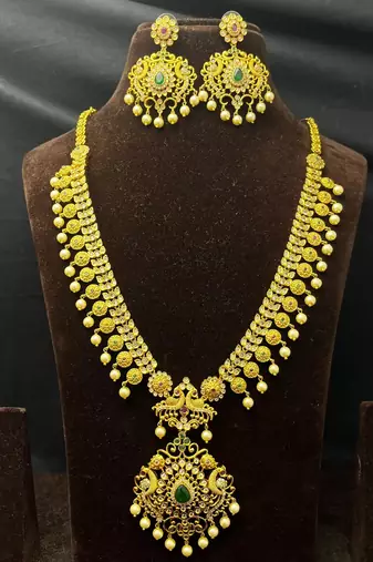 Antique Gold Plated Haram Necklace Set | Emerald Ruby Temple Jewelry | Bridal Pearl Drop Earrings