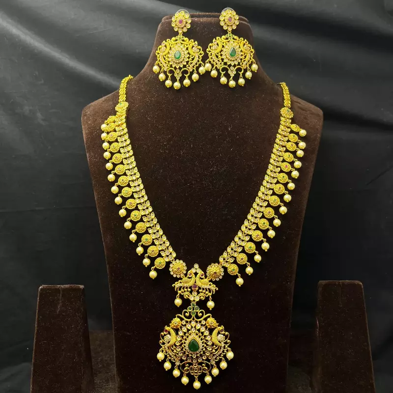Antique Gold Plated Haram Necklace Set | Emerald Ruby Temple Jewelry | Bridal Pearl Drop Earrings