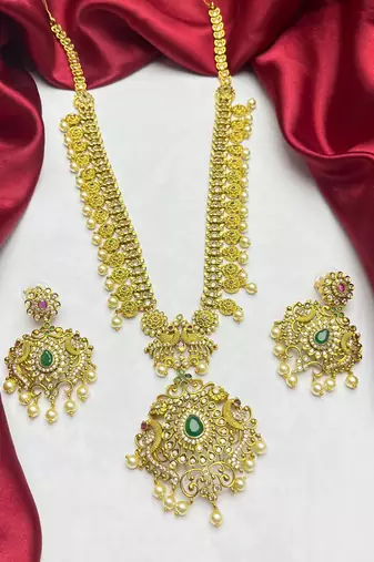 Antique Gold Plated Haram Necklace Set | Emerald Ruby Temple Jewelry | Bridal Pearl Drop Earrings