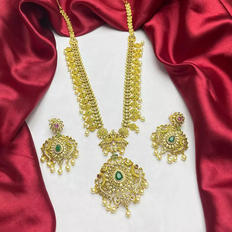 Antique Gold Plated Haram Necklace Set | Emerald Ruby Temple Jewelry | Bridal Pearl Drop Earrings