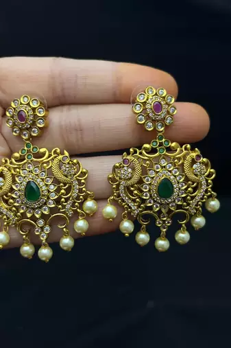 Antique Gold Plated Haram Necklace Set | Emerald Ruby Temple Jewelry | Bridal Pearl Drop Earrings