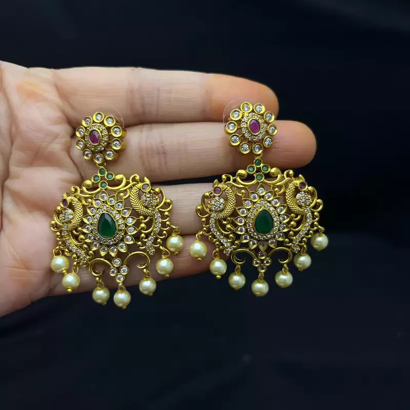 Antique Gold Plated Haram Necklace Set | Emerald Ruby Temple Jewelry | Bridal Pearl Drop Earrings