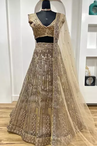 golden net embroidered lehenga choli