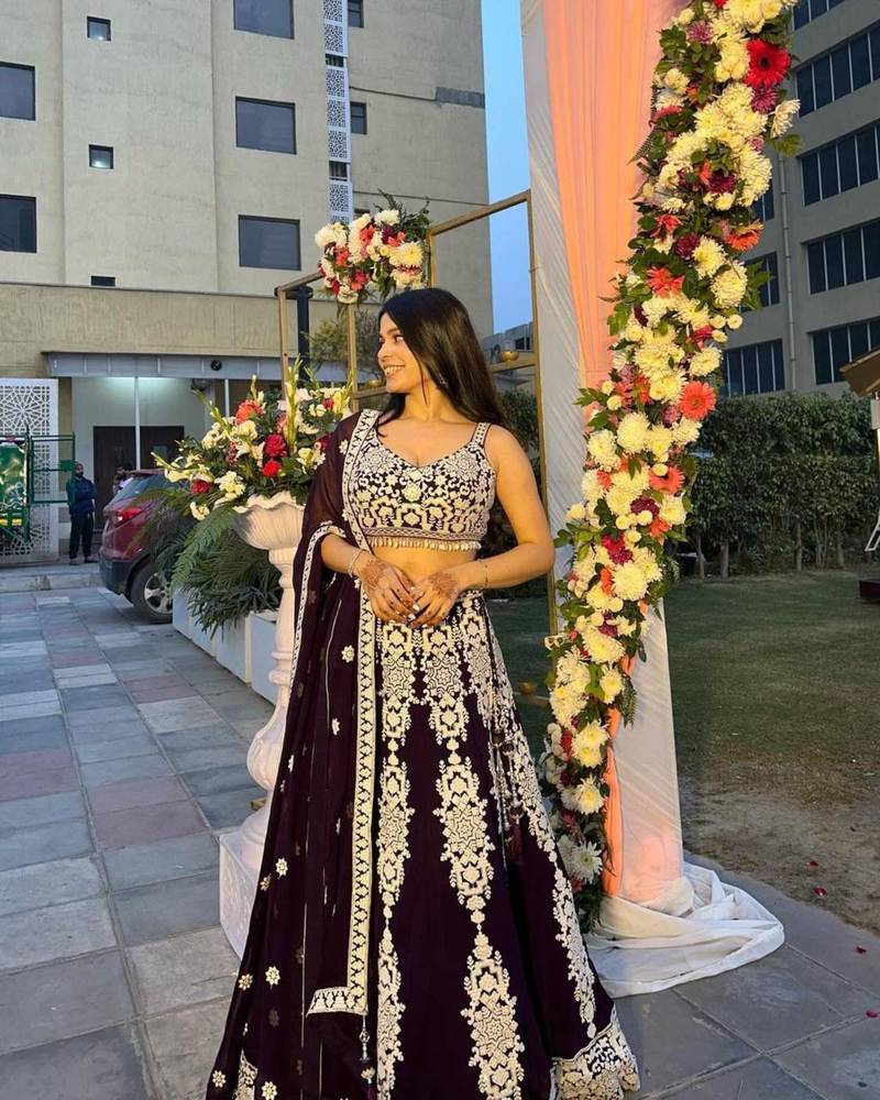 purple silk blend embroidered lehenga choli
