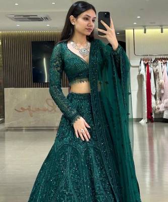 teal green georgette embroidered lehenga choli 3