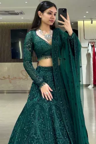 teal green georgette embroidered lehenga choli