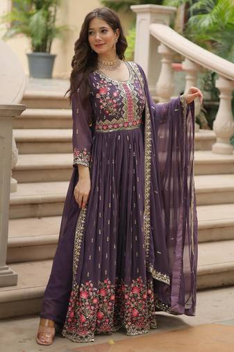 Violet georgette readymade suit with embroidery & sequence work