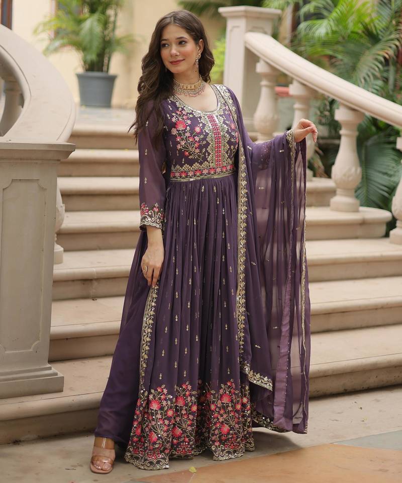 Violet georgette readymade suit with embroidery & sequence work