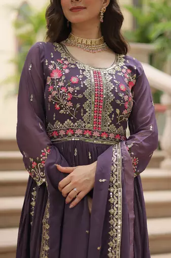 Violet georgette readymade suit with embroidery & sequence work
