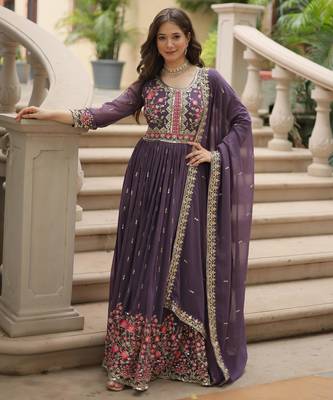 Violet georgette readymade suit with embroidery & sequin  work 3