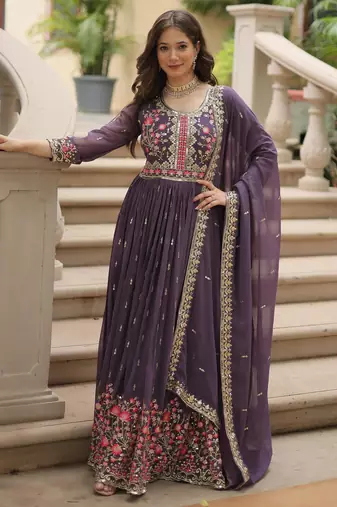 Violet georgette readymade suit with embroidery & sequence work