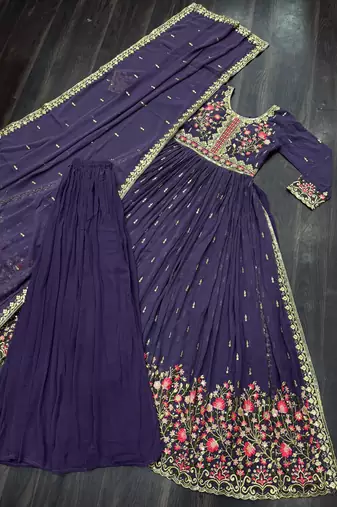 Violet georgette readymade suit with embroidery & sequence work