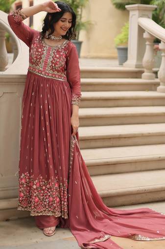 D peach georgette readymade suit with embroidery & sequence work