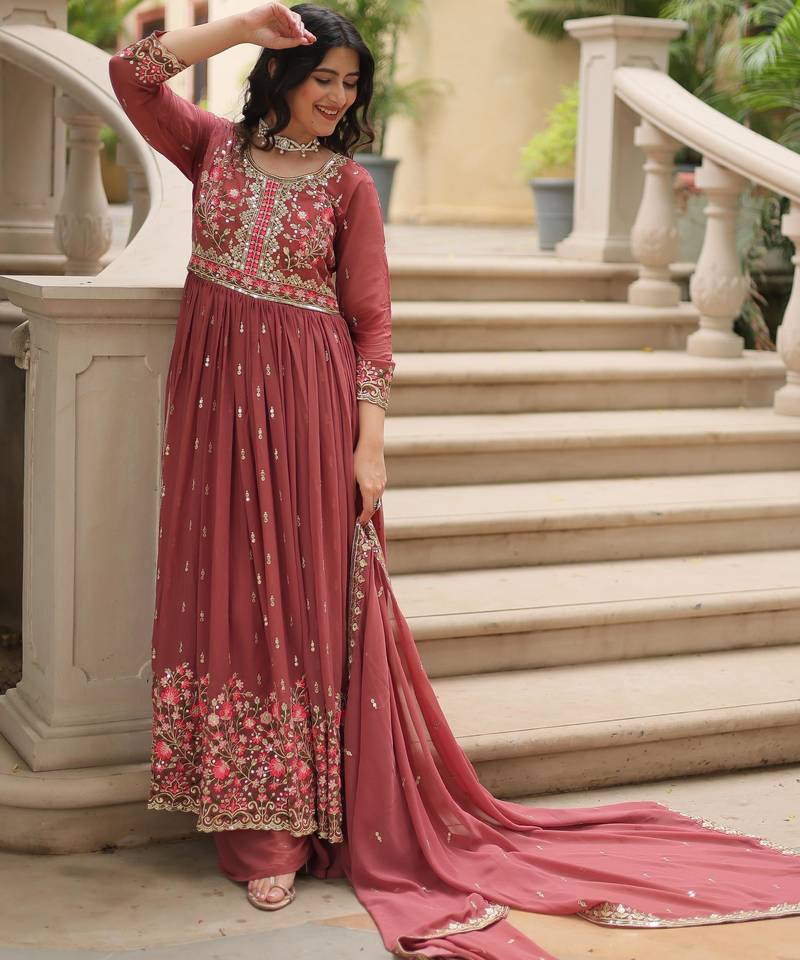 D peach georgette readymade suit with embroidery & sequence work