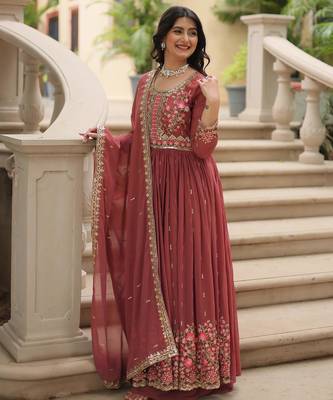 D peach georgette readymade suit with embroidery & sequin  work 2