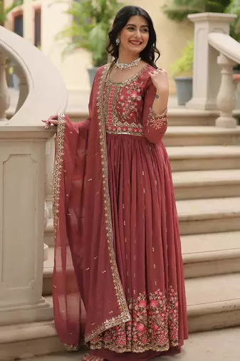 D peach georgette readymade suit with embroidery & sequence work