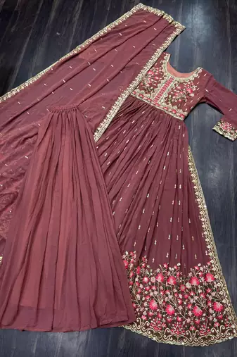D peach georgette readymade suit with embroidery & sequence work