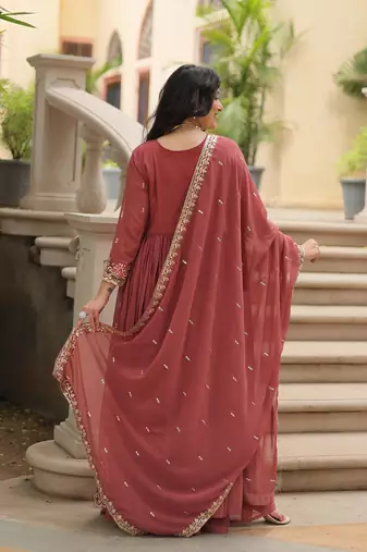 D peach georgette readymade suit with embroidery & sequence work