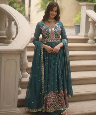 Blue georgette readymade suit with embroidery & sequin  work 1