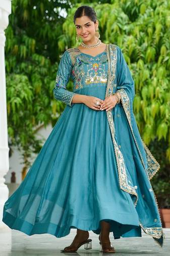 Blue vichitra silk anarkali readymade suit with embroidery & zari work