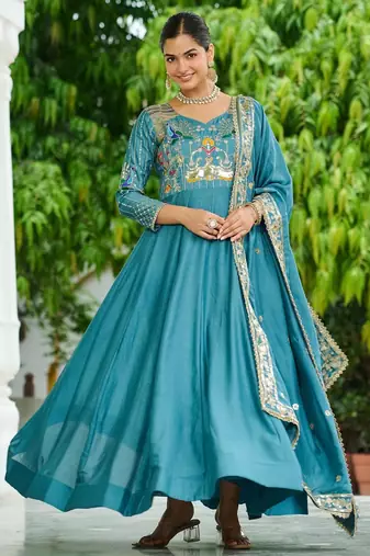 Blue vichitra silk anarkali readymade suit with embroidery & zari work