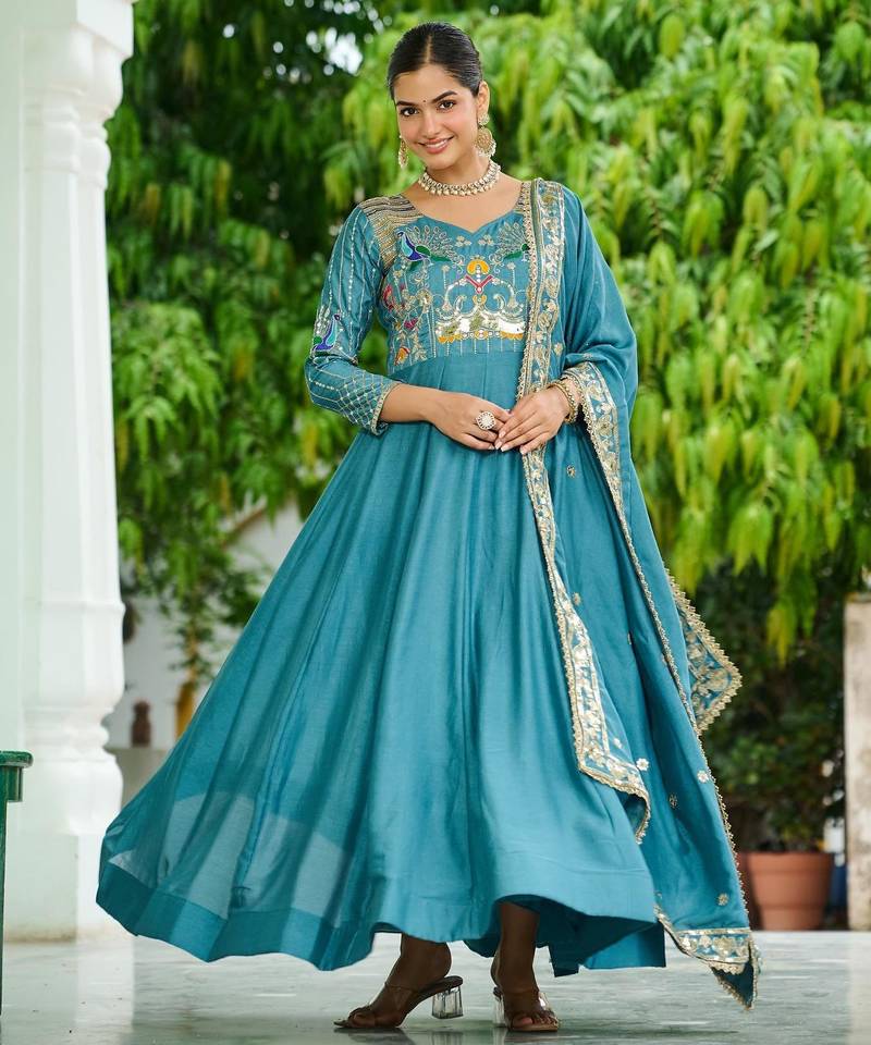 Blue vichitra silk anarkali readymade suit with embroidery & zari work