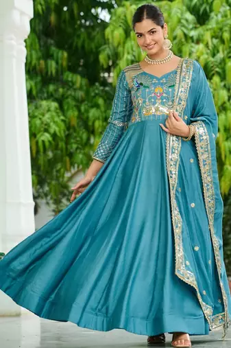 Blue vichitra silk anarkali readymade suit with embroidery & zari work