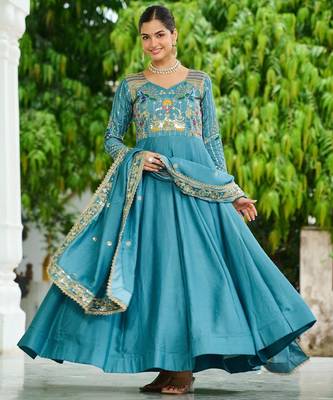 Blue vichitra silk anarkali readymade suit with embroidery & zari work 3