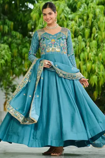Blue vichitra silk anarkali readymade suit with embroidery & zari work