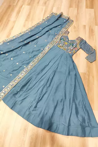 Blue vichitra silk anarkali readymade suit with embroidery & zari work