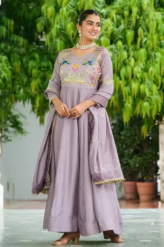 Lavender vichitra silk anarkali readymade suit with embroidery & zari work