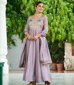 Lavender vichitra silk anarkali readymade suit with embroidery & zari work