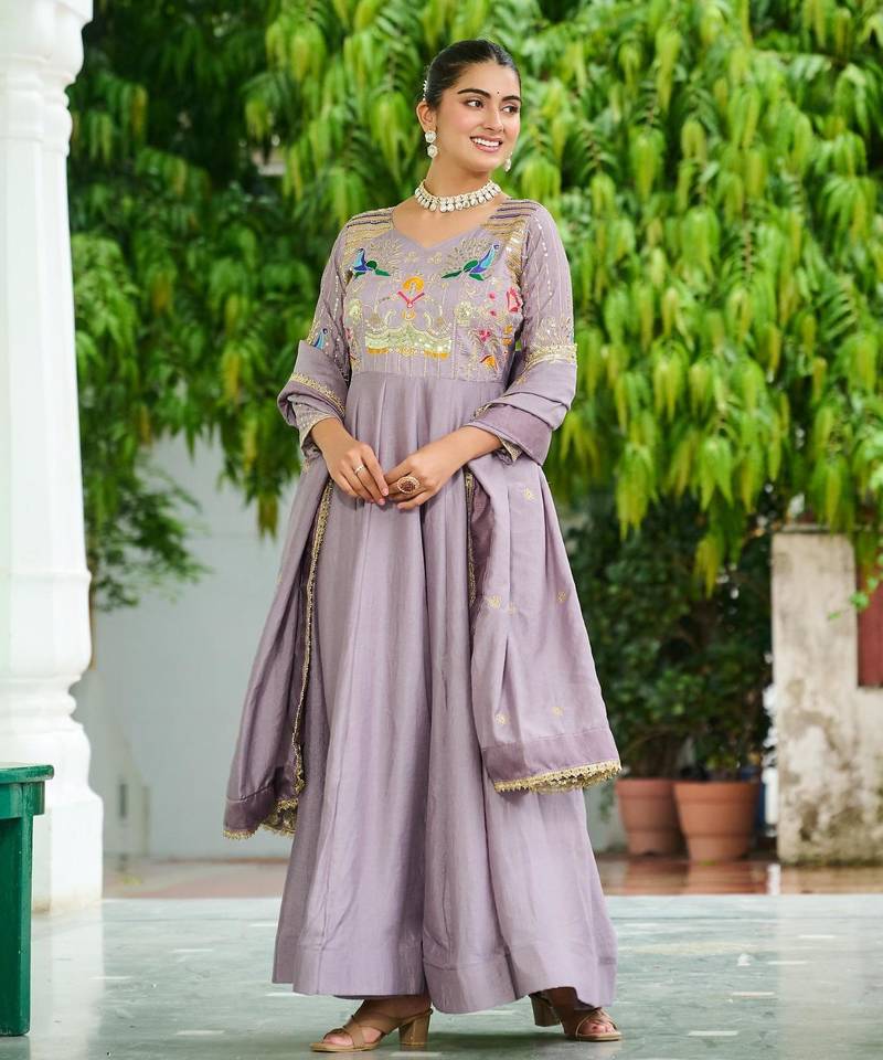 Lavender vichitra silk anarkali readymade suit with embroidery & zari work
