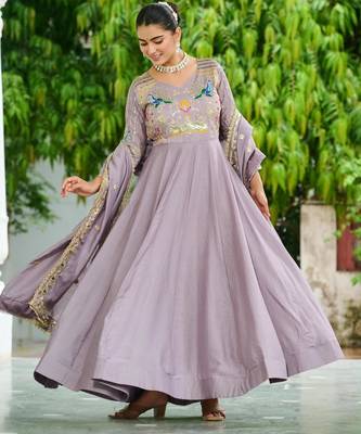 Lavender vichitra silk anarkali readymade suit with embroidery & zari work 3