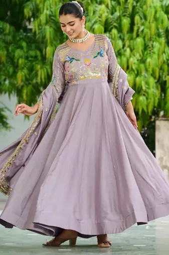 Lavender vichitra silk anarkali readymade suit with embroidery & zari work